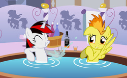 Size: 1833x1125 | Tagged: safe, spitfire, oc, oc:blackjack, pegasus, pony, unicorn, fallout equestria, g4, ^^, alcohol, applejack daniel's, drinking, duo, duo female, eyes closed, female, horn, hot tub, jack daniel's, jack daniels, mare, splashing, unicorn oc, whiskey