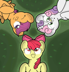 Size: 1024x1056 | Tagged: safe, artist:theartistsora, apple bloom, scootaloo, sweetie belle, earth pony, insect, pegasus, pony, unicorn, g4, cute, cutie mark crusaders, female, filly, from above, lying down, on back
