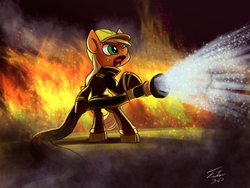 Size: 1200x900 | Tagged: safe, artist:tsitra360, applejack, earth pony, pony, g4, bipedal, female, fire, fire hose, firefighter, open mouth, solo