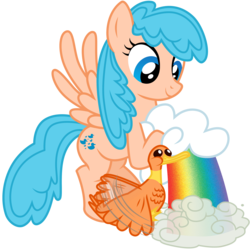 Size: 3000x3000 | Tagged: safe, artist:sunley, duck soup, sprinkles (g1), bird, duck, pegasus, pony, g1, g4, cloud, duo, female, g1 to g4, generation leap, mare, rainbow, simple background, solo, transparent background