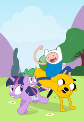 Size: 770x1100 | Tagged: safe, artist:dm29, spike, twilight sparkle, dragon, human, pony, unicorn, g4, adventure time, crossover, dragons riding ponies, female, finn the human, jake the dog, male, mare, riding
