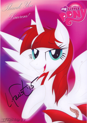 Size: 1466x2071 | Tagged: safe, artist:iflysna94, oc, oc only, oc:fausticorn, pony, autograph, lauren faust, looking at you, my little pony logo, solo