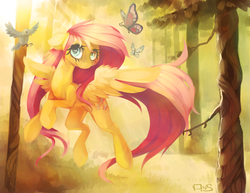 Size: 3850x2975 | Tagged: safe, artist:veridianwolf, fluttershy, bird, butterfly, g4, female, forest, high res, solo, sunlight