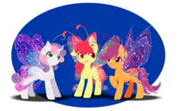 Size: 4119x2570 | Tagged: safe, artist:fuyusfox, apple bloom, scootaloo, sweetie belle, breezie, g4, adorabloom, breeziefied, butterfly wings, colored wings, cute, cutealoo, cutie mark crusaders, diabreezies, diasweetes, gradient wings, multicolored wings, rainbow wings, sparkly wings, wings