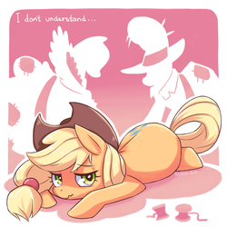 Size: 1280x1280 | Tagged: dead source, safe, artist:jopiter, applejack, earth pony, pony, g4, magical mystery cure, butt, female, hips, looking at you, mare, plot, scrunchy face, solo, swapped cutie marks, thread