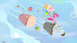 Size: 2048x1153 | Tagged: safe, artist:kmanalli, boneless, gummy, pinkie pie, g4, balloon, confetti, cupcake, moustache, party cannon, rubber chicken