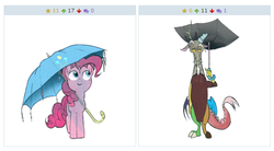 Size: 574x317 | Tagged: safe, artist:zigrock, discord, pinkie pie, derpibooru, g4, exploitable meme, juxtaposition, juxtaposition win, meme, meta, my neighbor totoro, parody, umbrella