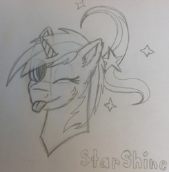 Size: 1897x1936 | Tagged: safe, artist:drawingsign1234, oc, oc only, oc:starshine, pony, unicorn, drawing, female, mare, monochrome, portrait, request, requested art, sketch, solo, traditional art