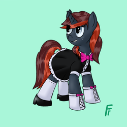 Size: 2000x2000 | Tagged: safe, artist:frecklesfanatic, oc, oc only, oc:casting shadow, pony, unicorn, clothes, gloves, high res, maid, shoes, solo