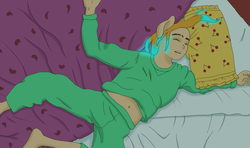 Size: 1000x590 | Tagged: safe, artist:duskswordsman, oc, oc only, anthro, ambiguous facial structure, bed, clothes, glowing hair, pajamas, sleeping, solo