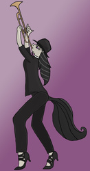 Size: 825x1575 | Tagged: safe, artist:arelathh, octavia melody, earth pony, anthro, g4, bowler hat, bowtie, clothes, female, hat, high heels, musical instrument, solo, trumpet