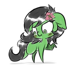 Size: 1063x1003 | Tagged: safe, artist:krucification, oc, oc only, oc:filly anon, pony, age regression, blushing, chibi, female, filly, flower, flower in hair, implied transformation, implied transgender transformation, pointy ponies, scrunchy face, simple background, solo, white background