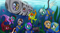 Size: 1280x720 | Tagged: safe, artist:agamnentzar, oc, oc only, earth pony, merpony, pony, unicorn, bubble, diving suit, helmet, submarine, swimming, treasure chest, underwater