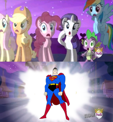 Size: 638x693 | Tagged: safe, applejack, fluttershy, pinkie pie, rainbow dash, rarity, spike, g4, alicorn flash, clark kent, dc comics, dcau, exploitable meme, kal-el, meme, superman