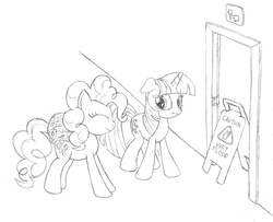 Size: 1600x1300 | Tagged: safe, artist:datspaniard, pinkie pie, twilight sparkle, g4, bathroom, bathroom denial, desperation, diaper, diaper fetish, diaper package, knees pressed together, monochrome, need to pee, non-baby in diaper, omorashi, potty dance, potty emergency, potty time, this will end in diapers, trotting in place, wet floor sign