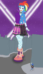 Size: 1839x3171 | Tagged: safe, artist:final7darkness, flash sentry, pinkie pie, rainbow dash, spike, dog, equestria girls, friendship through the ages, g4, my little pony equestria girls: rainbow rocks, 80s, airship, boots, city, clothes, ear piercing, giantess, lights, looking down, macro, music notes, night sky, open mouth, pants, piercing, rainbow punk, request, requested art, shoes, skirt, spike the dog, stars