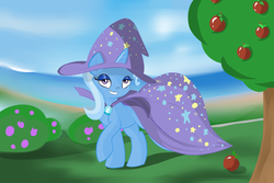 Size: 1800x1200 | Tagged: safe, artist:wilshirewolf, trixie, pony, unicorn, g4, bedroom eyes, cape, clothes, female, smiling, solo, trixie's hat