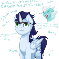 Size: 480x480 | Tagged: safe, artist:chiweee, fleetfoot, soarin', pony, fanfic:piercing the heavens, g4, backwards cutie mark, fake horn, fanfic art, laughing, simple background, transparent background, unamused