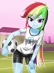 Size: 1320x1800 | Tagged: safe, artist:nekojackun, rainbow dash, human, equestria girls, g4, ball, beautiful, beautisexy, bedroom eyes, cleavage, clothes, compression shorts, confident, cutie mark on clothes, female, football, hand on thigh, hips, long hair, looking at you, purple eyes, sexy, shirt, smiling, smirk, soccer field, solo, t-shirt
