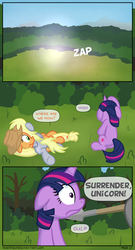 Size: 1280x2375 | Tagged: safe, artist:moemneop, applejack, derpy hooves, twilight sparkle, pegasus, pony, comic:return to equestria, g4, comic, female, mare, spear