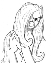 Size: 2319x2861 | Tagged: safe, artist:bigmacintosh2000, fluttershy, g4, angry, female, hair over one eye, high res, ink, messy mane, monochrome, solo, traditional art