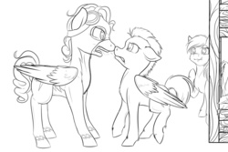 Size: 1279x853 | Tagged: safe, artist:chiweee, rainbow dash, silver lining, silver zoom, thunderlane, pegasus, pony, fanfic:piercing the heavens, g4, bed, fanfic art, monochrome, stifling laughter, wonderbolts, wonderbolts uniform, yelling