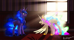 Size: 2298x1243 | Tagged: safe, artist:rublegun, princess celestia, princess luna, g4, backlighting, crepuscular rays, ethereal mane, glowing mane, light, looking at each other, open mouth, shadow, signature, sun, sunlight, window