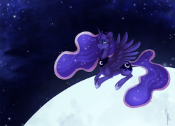 Size: 1024x739 | Tagged: safe, artist:teatimejess, princess luna, g4, female, moon, prone, solo, spread wings, tangible heavenly object