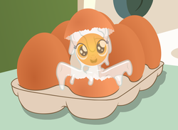 Size: 2619x1920 | Tagged: oc name needed, safe, artist:badumsquish, derpibooru exclusive, oc, oc only, food pony, goo pony, original species, g4, adoracreepy, badumsquish strikes again, breakfast, breakfast is ruined, creepy, cute, egg (food), female, filly, foal, food, happy, hatchling, kitchen, looking at you, open mouth, solo, wat