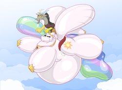 Size: 1350x1000 | Tagged: safe, artist:redflare500, discord, princess celestia, alicorn, balloon pony, draconequus, pony, g4, big belly, blimpestia, duo, inanimate tf, inflatable, inflated hair, inflated tail, inflated wings, inflation, puffy cheeks, riding, transformation