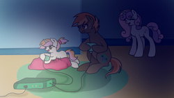 Size: 1024x576 | Tagged: safe, artist:1231redflame, button mash, sweetie belle, oc, oc:pixel bit, g4, father and daughter, female, male, offspring, older, parent:button mash, parent:sweetie belle, parents:sweetiemash, ship:sweetiemash, shipping, story included, straight, sweat, video game