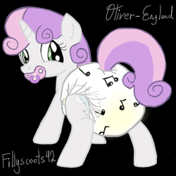 Size: 500x500 | Tagged: safe, artist:fillyscoots42, artist:oliver-england, color edit, sweetie belle, pony, unicorn, g4, cute, decorated diaper, diaper, diaper fetish, diasweetes, female, filly, foal, horn, music note diaper, music notes, non-baby in diaper, pacifier, peeing in diaper, pissing, poofy diaper, sad eyes, urine, wet diaper, wetting, wetting diaper, white diaper
