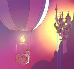 Size: 3100x2900 | Tagged: safe, artist:sketchragon, oc, oc only, oc:meltemi windswept, pony, unicorn, canterlot, high res, hot air balloon, scenery, sunset