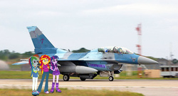 Size: 970x523 | Tagged: safe, indigo zap, rainbow dash, sunset shimmer, trixie, twilight sparkle, equestria girls, g4, aircraft, crystal prep academy, crystal prep shadowbolts, equestria girls in real life, f-16 fighting falcon, fanfic art, irl, jet, jet fighter, photo, photoshop