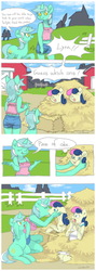 Size: 556x1560 | Tagged: safe, artist:cabyowl, bon bon, lyra heartstrings, sweetie drops, earth pony, pony, unicorn, anthro, g4, 2015, adorabon, anthro ponidox, anthro with ponies, comic, couple, cute, exclamation point, eyes closed, farm, female, fence, floppy ears, hay, haystack, interrobang, kissing, lesbian, lyrabetes, midriff, open mouth, playful, question mark, self ponidox, ship:lyrabon, shipping, shocked, smiling, surprise kiss, surprised, wide eyes