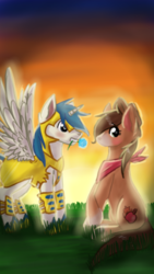 Size: 670x1191 | Tagged: safe, oc, oc only, oc:autumn harvest, oc:master valor mccloud, alicorn, earth pony, pony, blushing, duo, female, flower, male, mare, mouth hold, royal guard, stallion