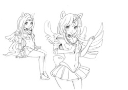 Size: 960x679 | Tagged: safe, artist:mofu-chan, angel bunny, fluttershy, twilight sparkle, human, g4, belly button, clothes, crossover, doodle, duo, grayscale, horn, horned humanization, humanized, lineart, midriff, monochrome, pleated skirt, sailor moon (series), sailor senshi, shoes, sketch, skirt, traditional art, twilight sparkle (alicorn), winged humanization