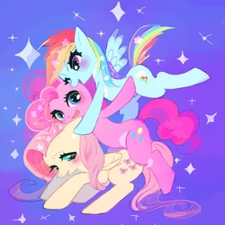 Size: 1500x1500 | Tagged: safe, artist:yam, fluttershy, pinkie pie, rainbow dash, earth pony, pegasus, pony, g4, blush sticker, blushing, female, folded wings, lidded eyes, mare, open mouth, open smile, pony pile, smiling, spread wings, wings