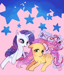 Size: 1500x1740 | Tagged: safe, artist:yam, fluttershy, rarity, g4, braid, braided tail, brushing, hairbrush, makeover, ribbon