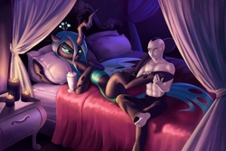 Size: 1024x682 | Tagged: safe, artist:soulscapecreatives, queen chrysalis, human, g4, bed, bedroom, bedroom eyes, eye contact, hoof fetish, hoof massage, milkshake, shipping