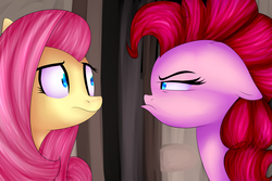 Size: 1500x1000 | Tagged: safe, artist:blazecatloverkittens, fluttershy, pinkie pie, g4, the cutie map, cute, eye contact, floppy ears, frown, glare, pouting, scene interpretation, thinking, when she doesn't smile, wide eyes