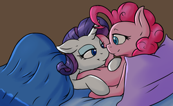 Size: 2438x1493 | Tagged: safe, artist:fearingfun, pinkie pie, rarity, earth pony, pony, unicorn, g4, bed, bedroom eyes, cute, diapinkes, female, lesbian, looking at each other, mare, raribetes, ship:raripie, shipping, sleepover, smiling