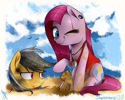 Size: 1012x812 | Tagged: safe, artist:supermare, daring do, pinkie pie, g4, beach, clothes, crossover, earring, far cry, far cry 3, mclovin, necklace, one eye closed, piercing, pinkamena diane pie, sand, shirt, vaas montenegro