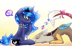 Size: 1600x1027 | Tagged: dead source, safe, artist:magnaluna, discord, princess luna, abstract background, bow, female, heart, lunacord, lying down, male, necklace, shipping, sitting, sleeping, straight, tail bow, zzz