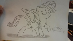 Size: 1024x576 | Tagged: safe, artist:deon miller, rarity, hippogriff, g4, female, grifflingized, monochrome, solo, traditional art