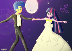 Size: 3507x2481 | Tagged: safe, artist:dieart77, flash sentry, twilight sparkle, equestria girls, g4, clothes, commission, dancing, dress, eye contact, female, full moon, heart, high res, long hair, looking at each other, male, moon, night sky, pants, sailor moon (series), ship:flashlight, shipping, signature, stars, straight, tuxedo, twilight sparkle (alicorn)