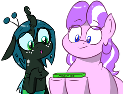 Size: 761x580 | Tagged: safe, artist:syggie, diamond tiara, queen chrysalis, nymph, ask chubby diamond, ask the changeling princess, g4, chubby, crossover, cute, cutealis, diamondbetes, fat, female, filly, filly queen chrysalis, foal, mike and ikes, princess chrysalis, simple background, style emulation, tumblr crossover, white background, younger