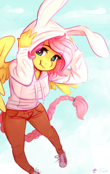 Size: 1000x1581 | Tagged: safe, artist:lizombie, artist:siden, oc, oc only, oc:cottontail, anthro, ultimare universe, alternate universe, braided tail, bunny ears, clothes, converse, fangs, heart eyes, hoodie, not fluttershy, shoes, solo, wingding eyes