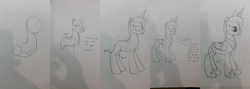 Size: 4500x1600 | Tagged: safe, artist:parclytaxel, princess luna, g4, female, how to draw, lineart, monochrome, no tail, photo, sketch, solo, traditional art, tutorial