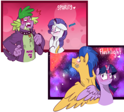 Size: 1024x924 | Tagged: safe, artist:craftedfun3, flash sentry, rarity, spike, twilight sparkle, alicorn, pony, g4, clothes, collar, female, hoodie, male, mare, older, older spike, ship:flashlight, ship:sparity, shipping, straight, twilight sparkle (alicorn)